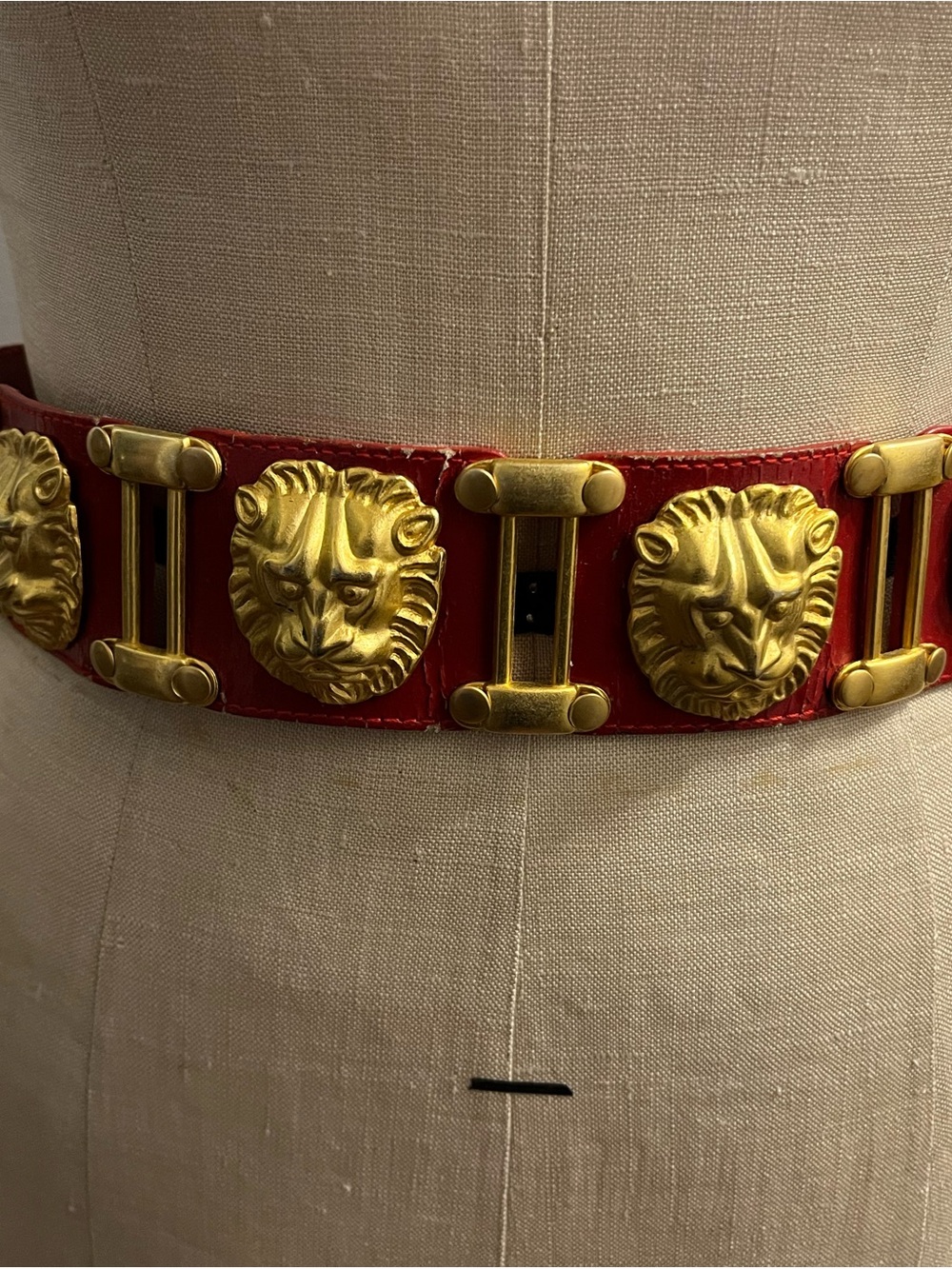 Gold Lion Medallion Red Leather Waist Belt